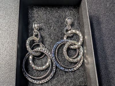 Chic Silver Tone Dangle Earrings - Multi-Ring Textured Design, Stud Back Closure