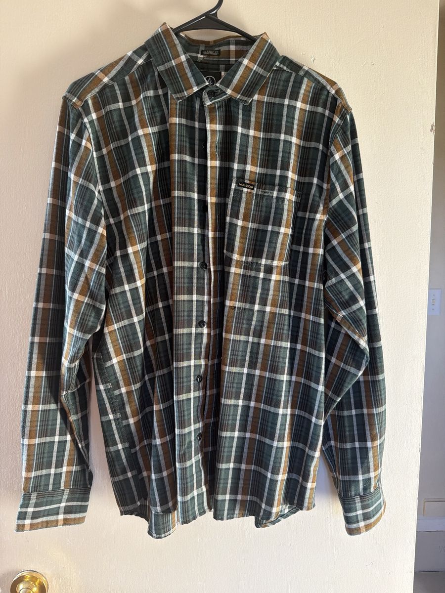 Volcom Plaid Long Sleeve Button-Up Flannel Shirt Medium Green