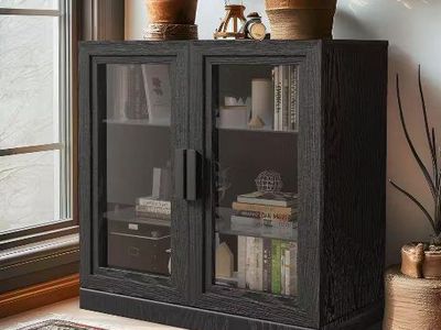 Modern Black Wood Grain Storage Cabinet with Glass Doors - 31" W x 16" D x 31" H, Max Load 150lbs
