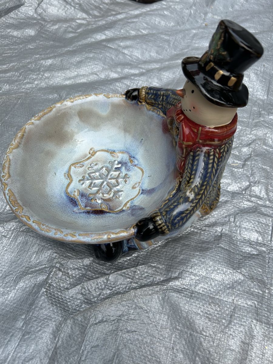 Snowman Ceramic Holiday Candy Dish Bowl Decorative Winter Decor