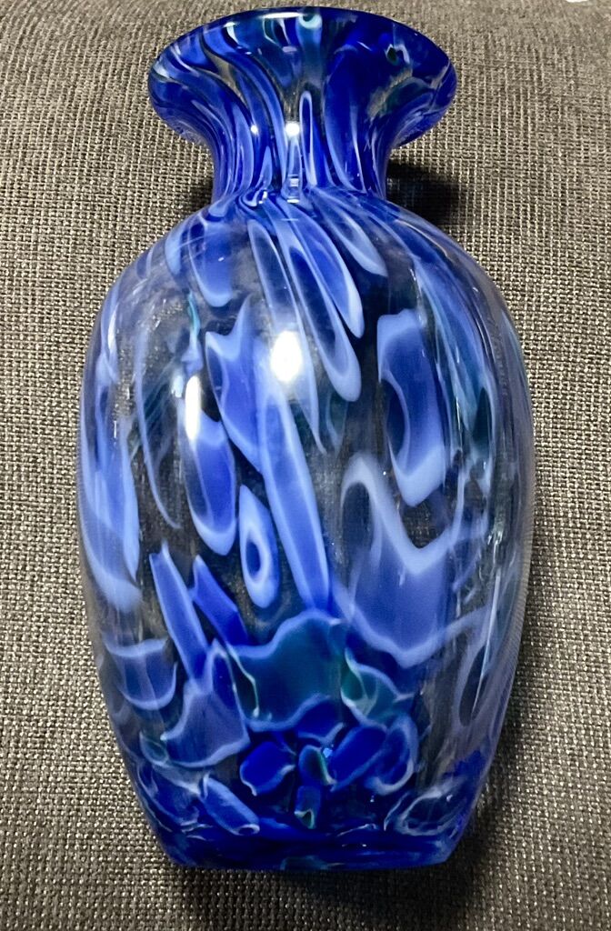 Art Deco Blue Glass Swirl Circles Statement Vase