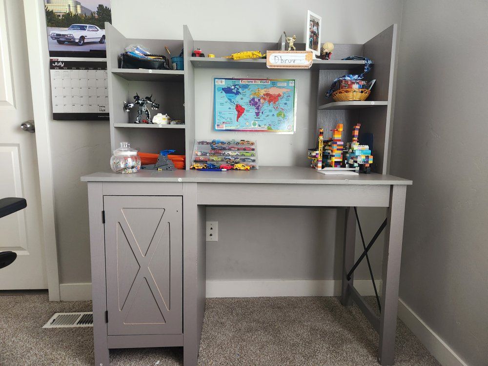 Gray Wood Desk with Hutch and Storage Cabinet, Modern Farmhouse Style, Kids/Teens Study Desk