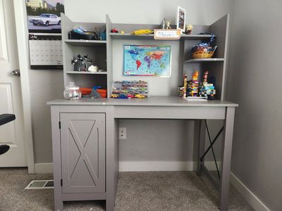 Gray Wood Desk with Hutch and Storage Cabinet, Modern Farmhouse Style, Kids/Teens Study Desk