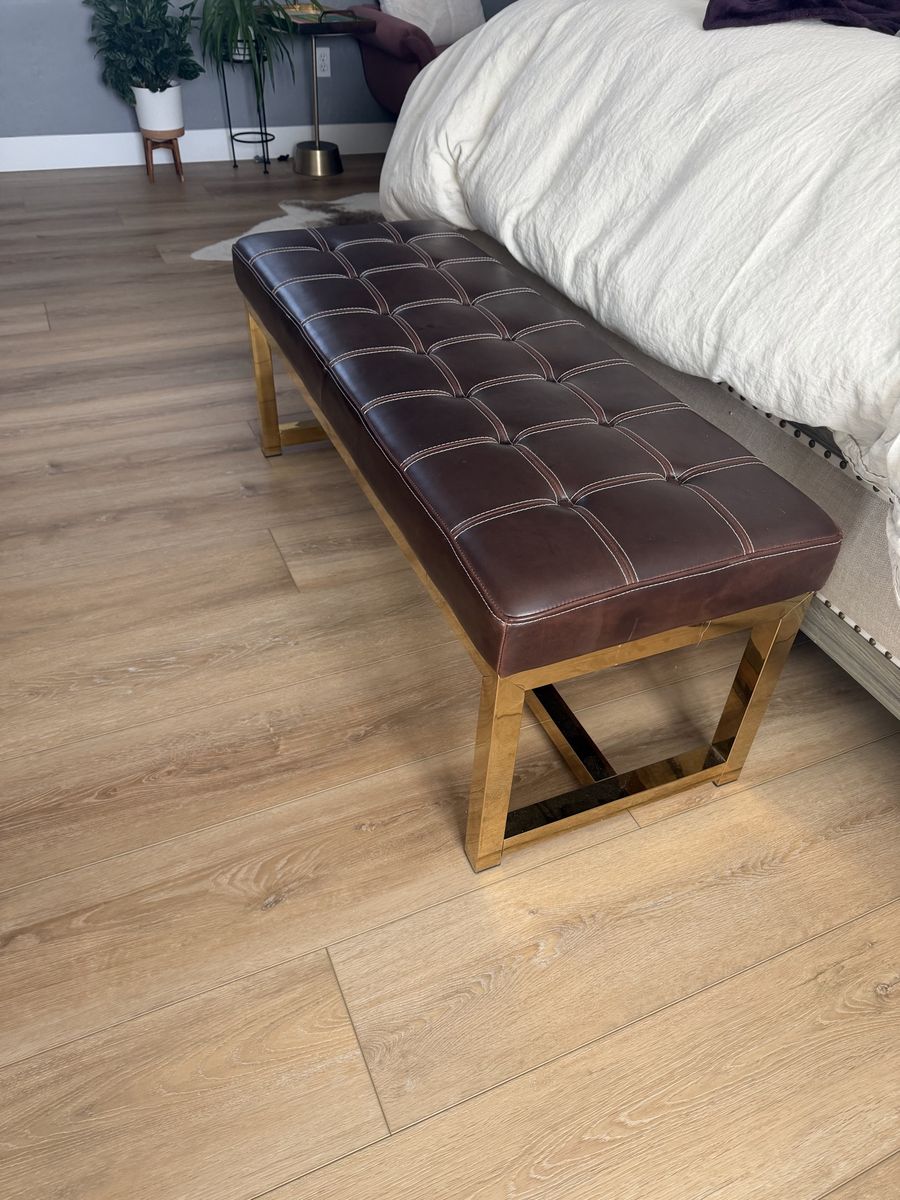 Tufted Leather Bench with Gold Metal Legs
