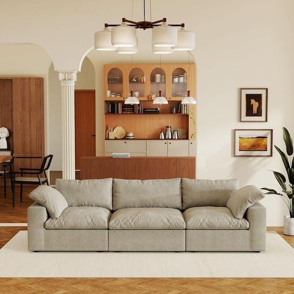 Spacious Khaki 3 Seat Oversized Sectional Cloud Sofa - Plush Upholstery, 118" Wide, Modular Design