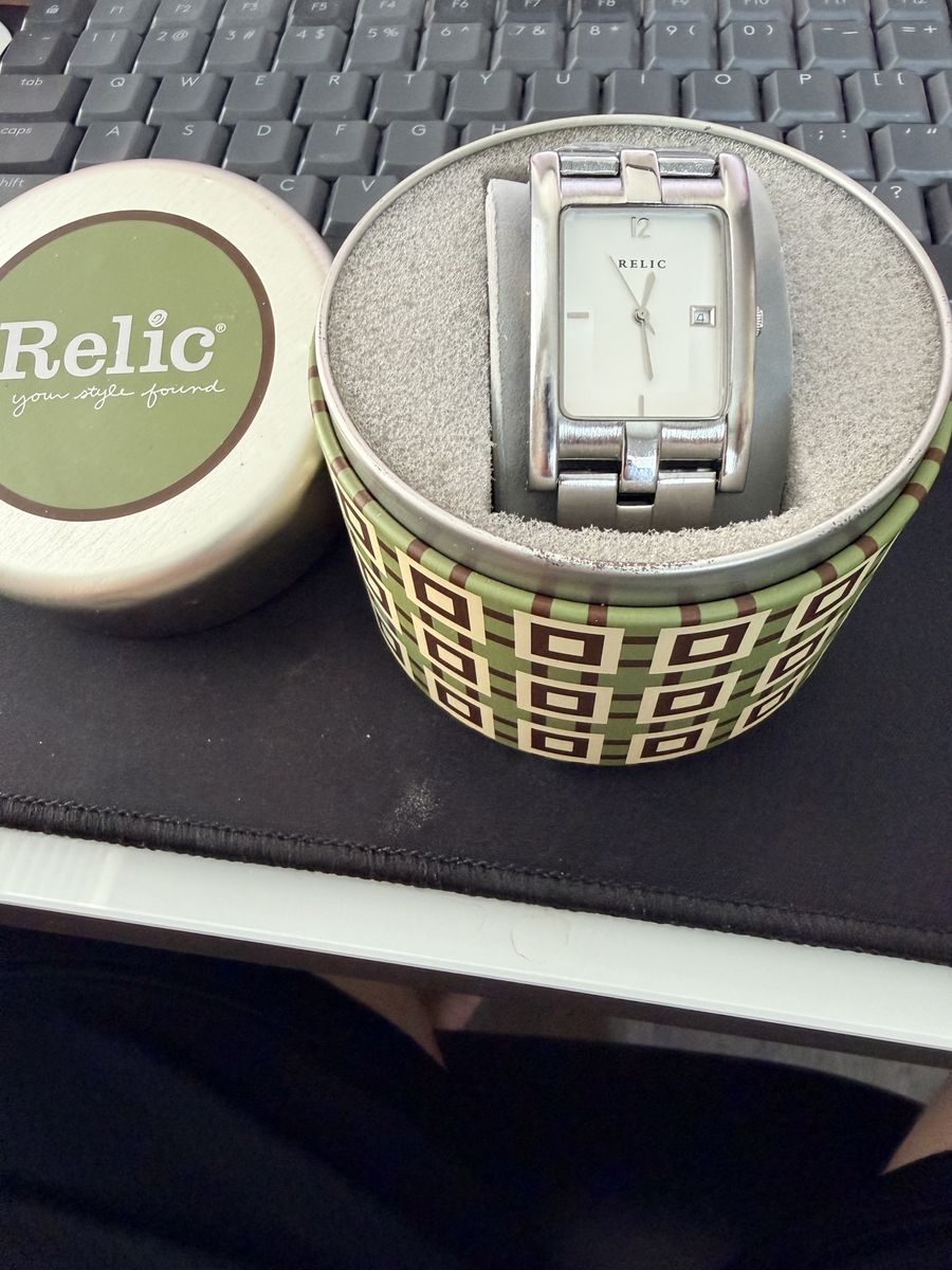Relic Quartz Stainless Steel Rectangular Watch with Date Display & Original Tin