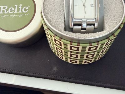 Relic Quartz Stainless Steel Rectangular Watch with Date Display & Original Tin