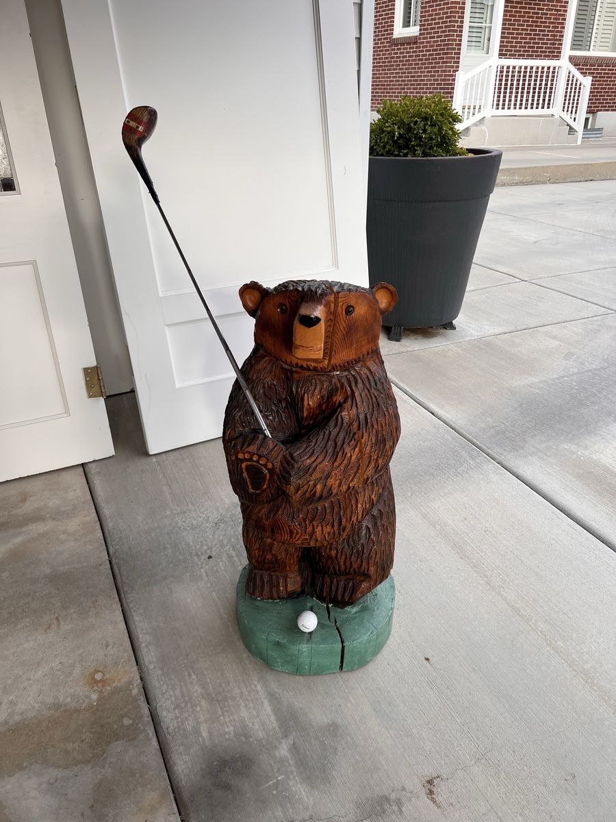 Hand-Carved Wooden Golfing Bear Statue with Golf Club and Ball