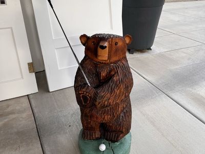 Hand-Carved Wooden Golfing Bear Statue with Golf Club and Ball