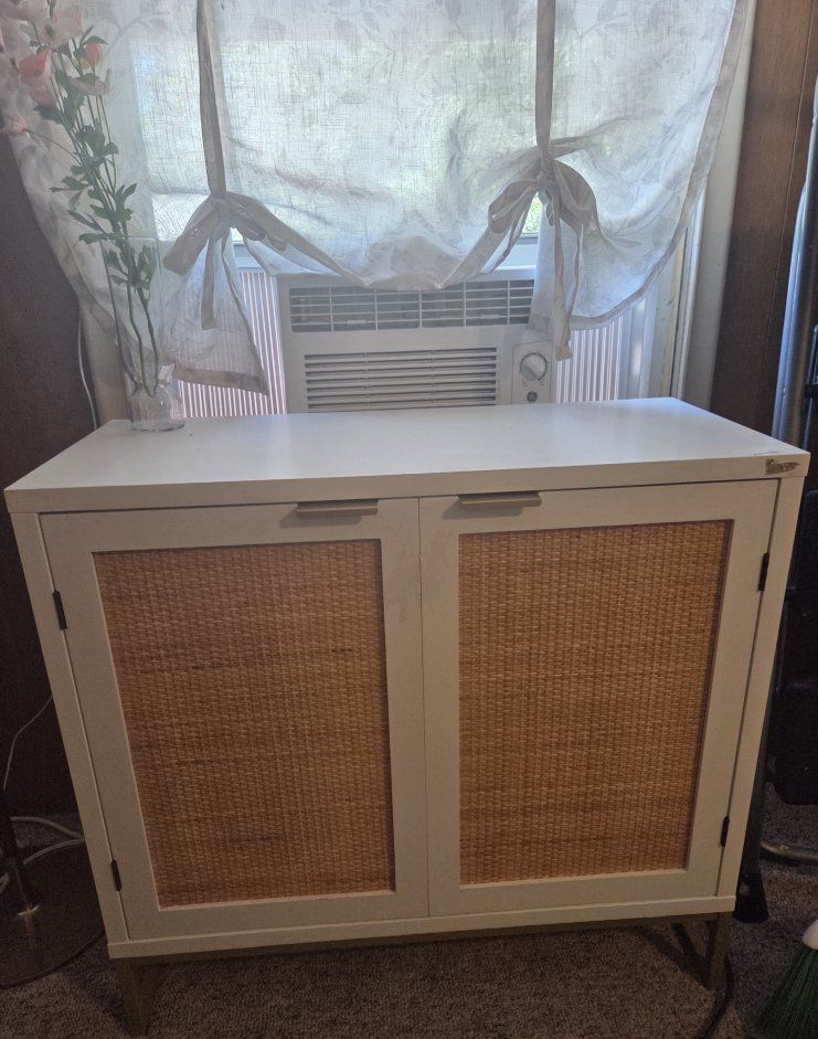 White & Woven Rattan Accent Cabinet with Gold Legs - Storage & Style