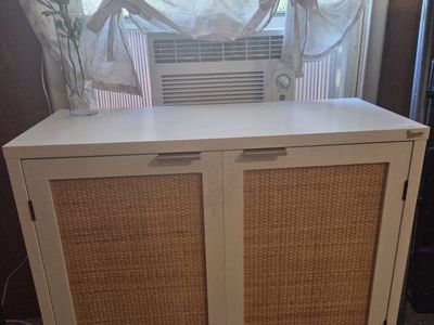 White & Woven Rattan Accent Cabinet with Gold Legs - Storage & Style