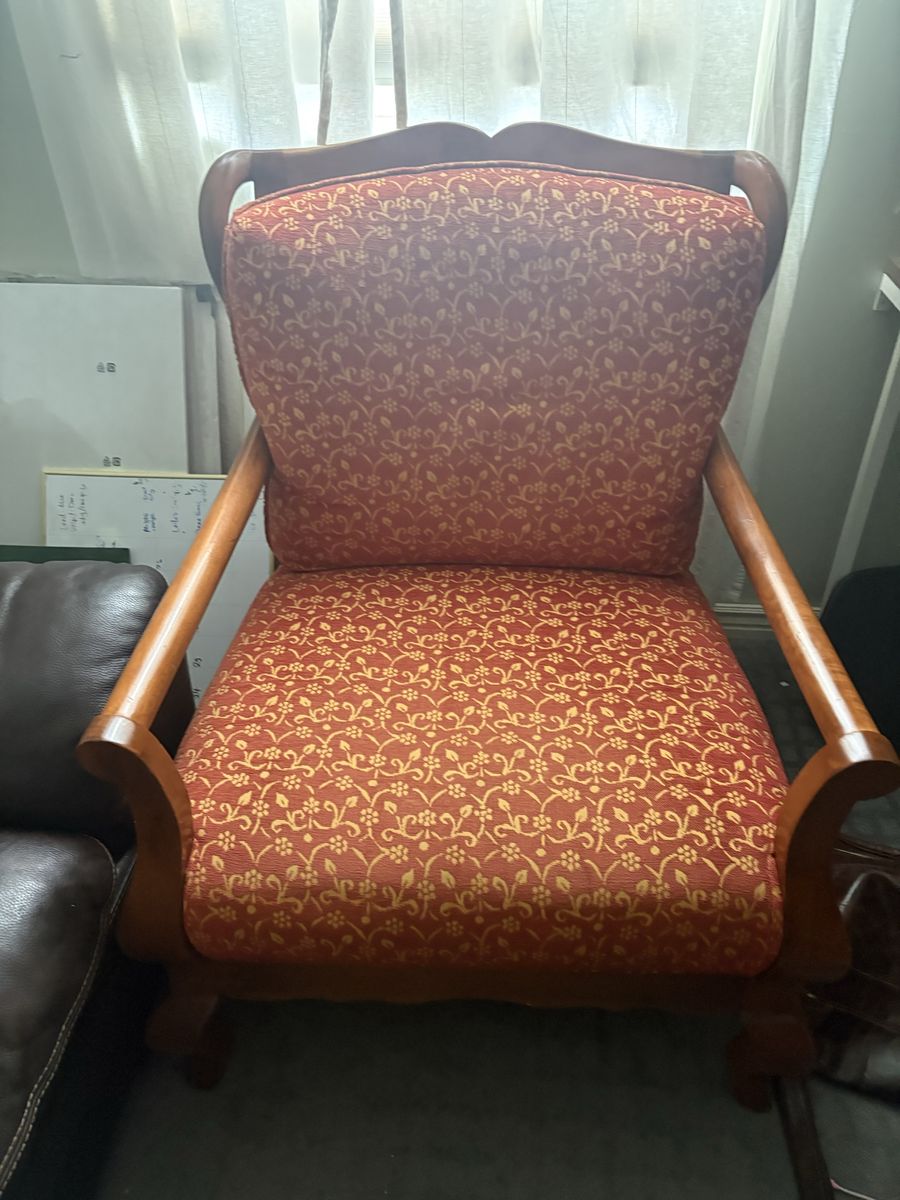 Vintage Wooden Accent Armchair with Red and Gold Floral Upholstery