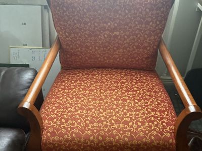 Vintage Wooden Accent Armchair with Red and Gold Floral Upholstery