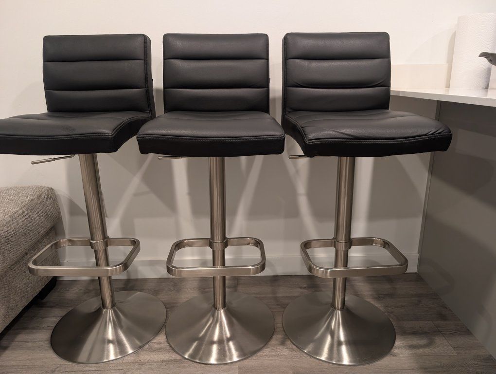 Set of 3 Adjustable Black Faux Leather Bar Stools with Chrome Base -Minimal wear