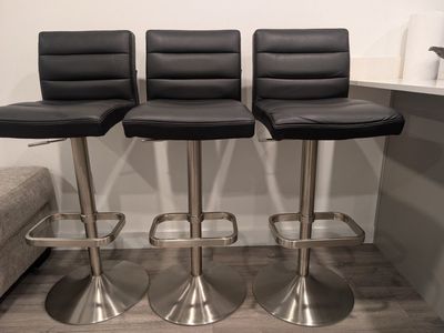 Set of 3 Adjustable Black Faux Leather Bar Stools with Chrome Base -Minimal wear