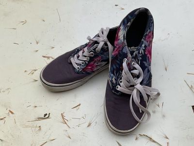 floral pattern and blue lowtops