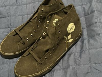 Black Canvas High-Top Sneakers with Rose Embroidery - Men’s Size 9.5