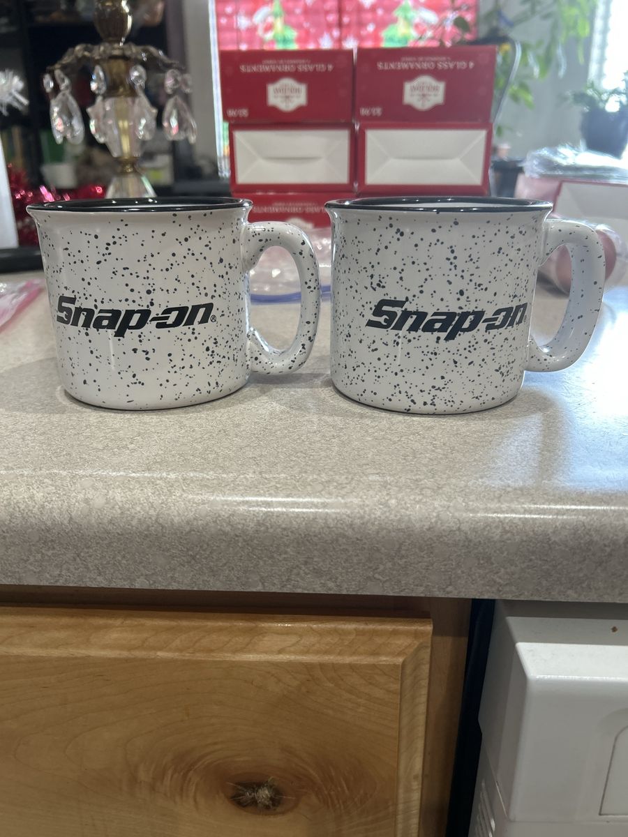 Snap-on Speckled Ceramic Camp Mugs - Set of 2, White with Black Logo, 12oz Capacity