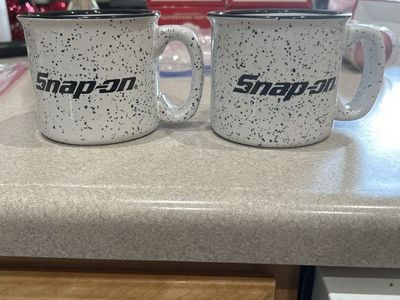 Snap-on Speckled Ceramic Camp Mugs - Set of 2, White with Black Logo, 12oz Capacity