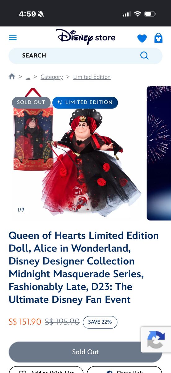 Disney Parks Queen of Hearts Limited Edition Doll D23 Midnight Masquerade Alice in Wonderland