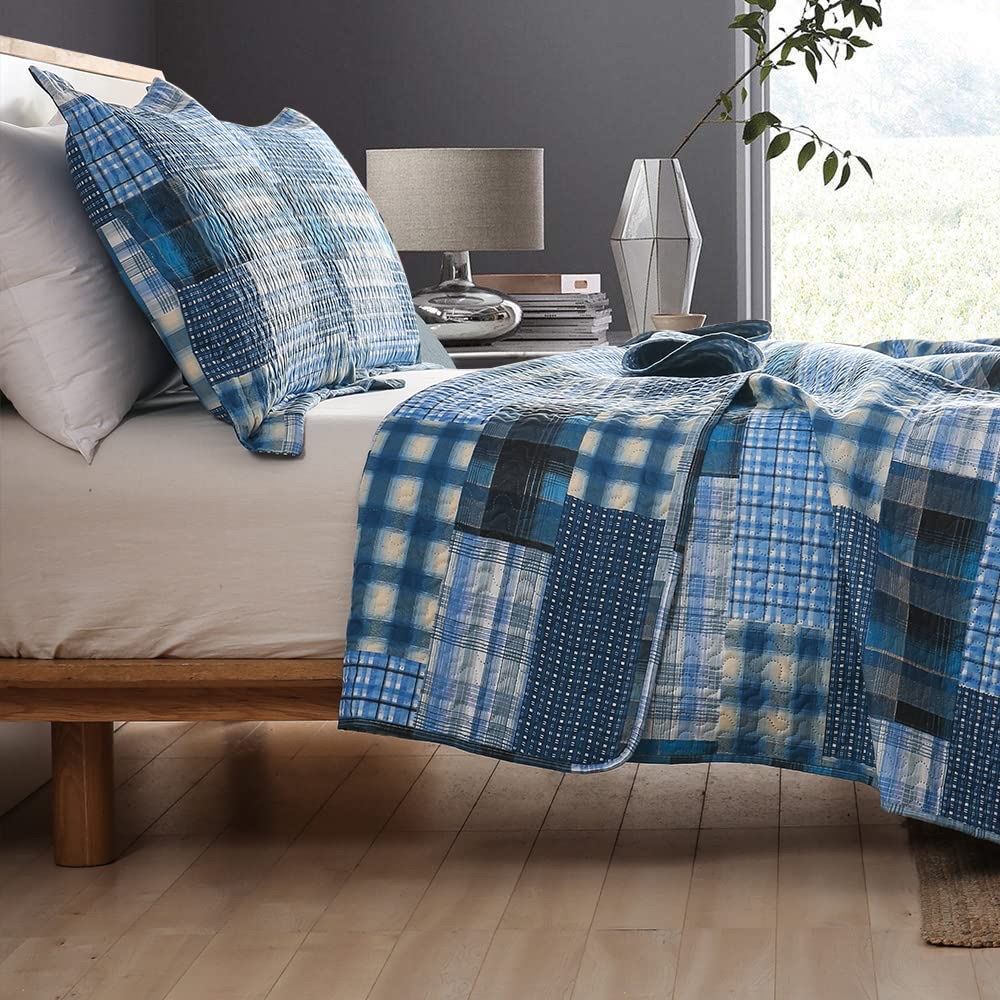 New! Quilt Set King Size Bedspread Coverlet Blue Plaid Patchwork Quilt Bedding Mens Boys Quilts King Bed Home Reversible Quilt