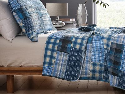 New! Quilt Set King Size Bedspread Coverlet Blue Plaid Patchwork Quilt Bedding Mens Boys Quilts King Bed Home Reversible Quilt