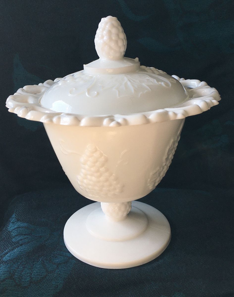 Indiana Glass/Colony Milk Glass Harvest Grape Covered Compote/Candy Dish with Open Lace Edge