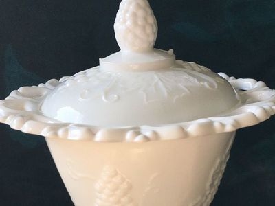 Indiana Glass/Colony Milk Glass Harvest Grape Covered Compote/Candy Dish with Open Lace Edge
