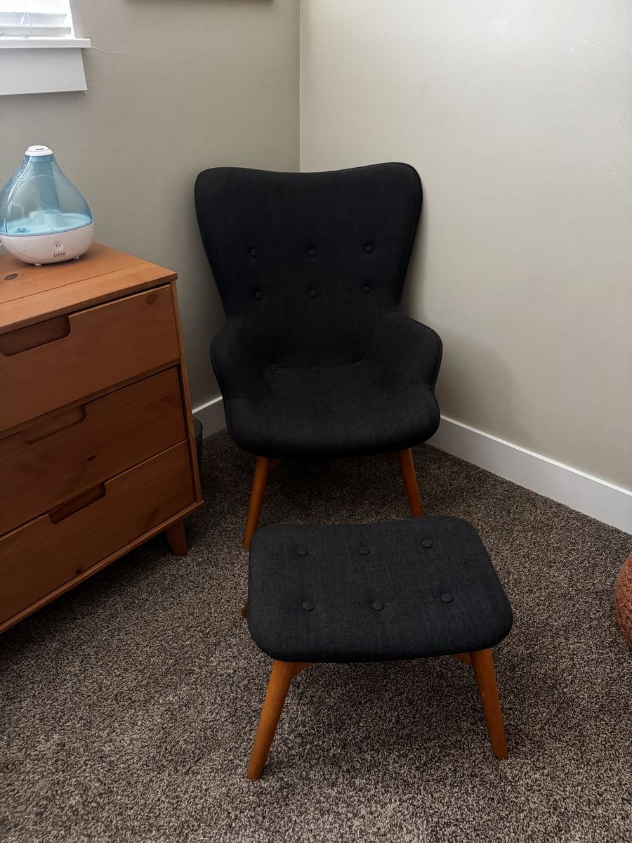 Mid-Century Modern Accent Chair & Ottoman Set - dark Blue Upholstery, Wooden Legs