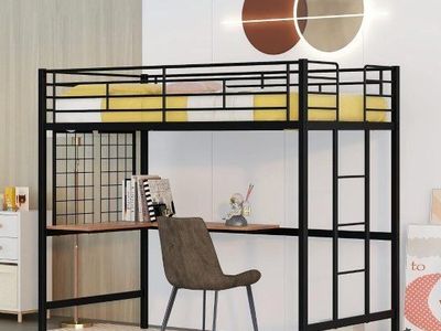Black Metal Loft Bed with L-Shaped Desk Twin Size - Harper and Bright Designs