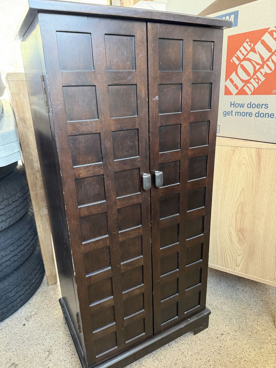 Dark Wood Standing Jewelry Armoire with Dual Doors and Mirror