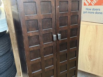 Dark Wood Standing Jewelry Armoire with Dual Doors and Mirror