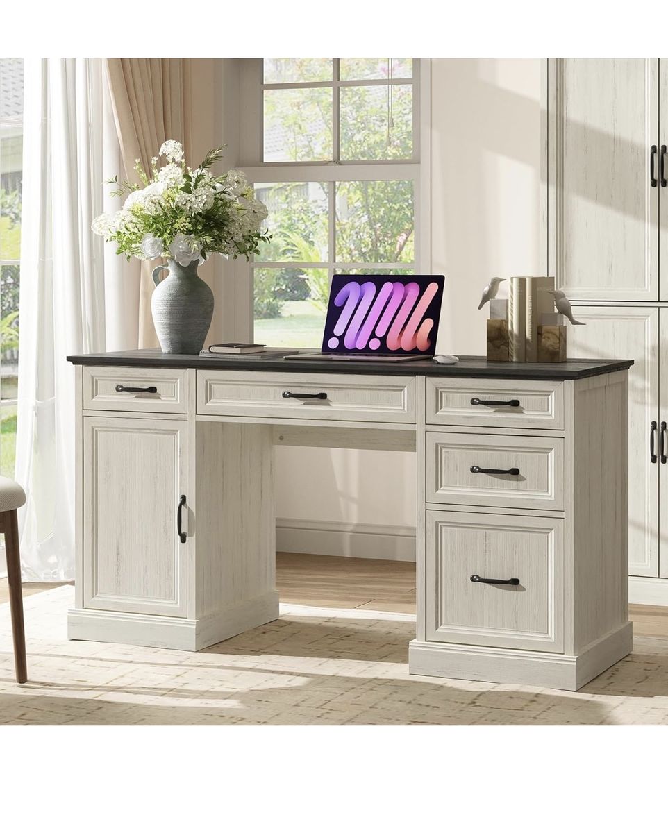 Farmhouse Two-Tone Executive Executive Desk with Drawers & Cabinet - Antique White & Dark Oak