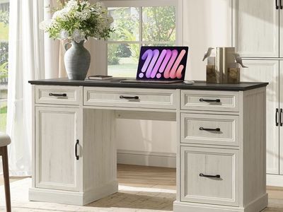 Farmhouse Two-Tone Executive Executive Desk with Drawers & Cabinet - Antique White & Dark Oak