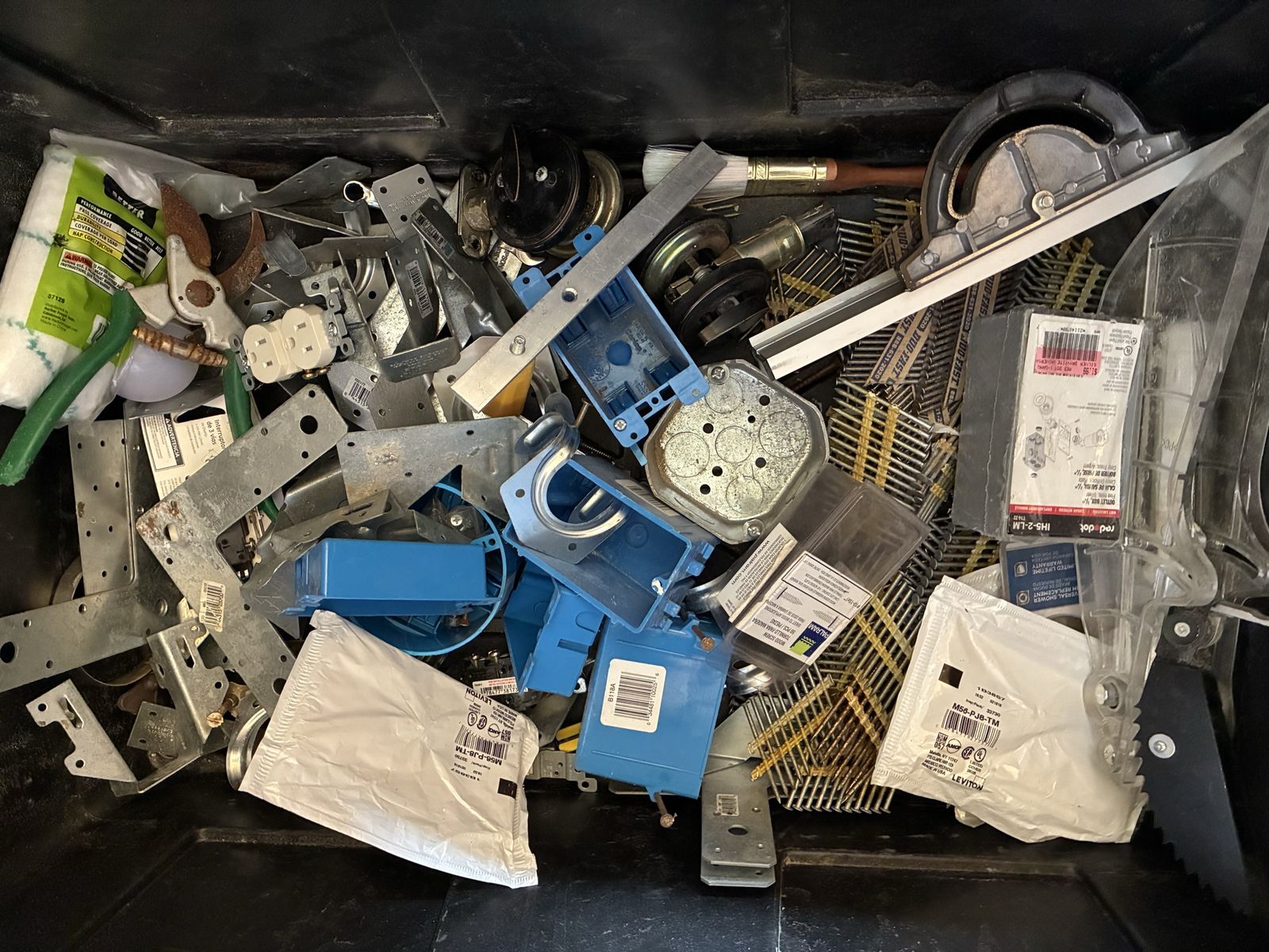 Mixed Lot: Electrical Supplies, Paint Roller, Hardware - Conduit Boxes, Nails, Outlets & More