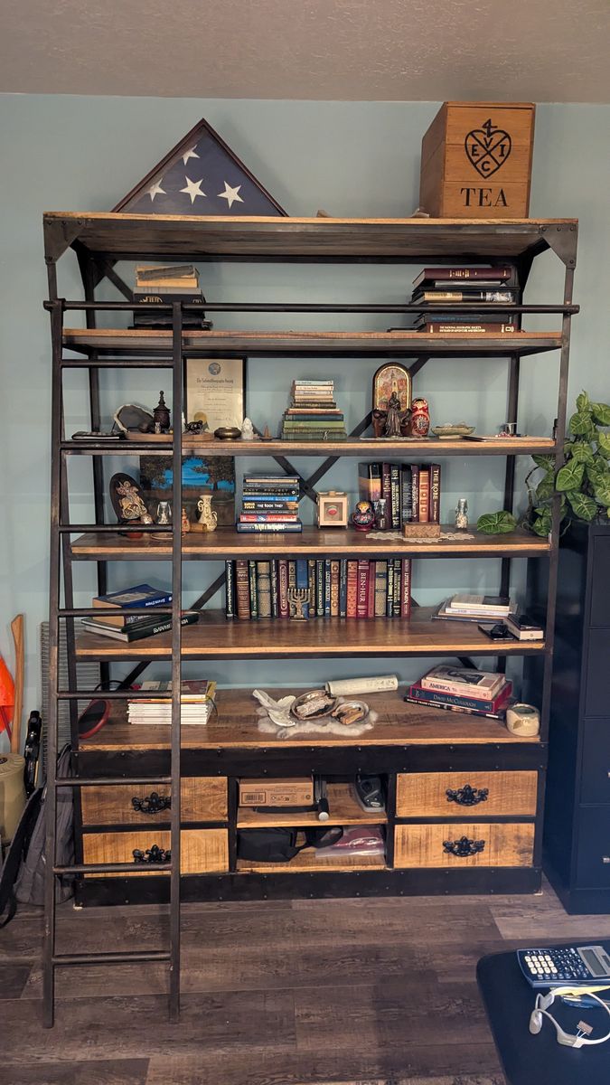 Large Rustic Library Bookcase with Ladder and Drawers