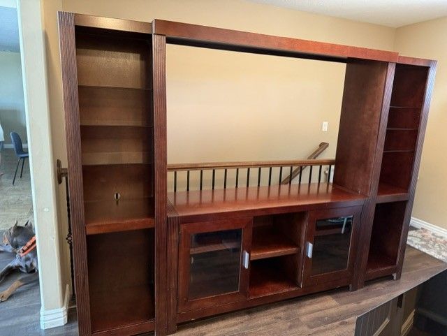 Large Wooden Entertainment Center with Shelves & Glass Cabinets - Dark Brown Finish
