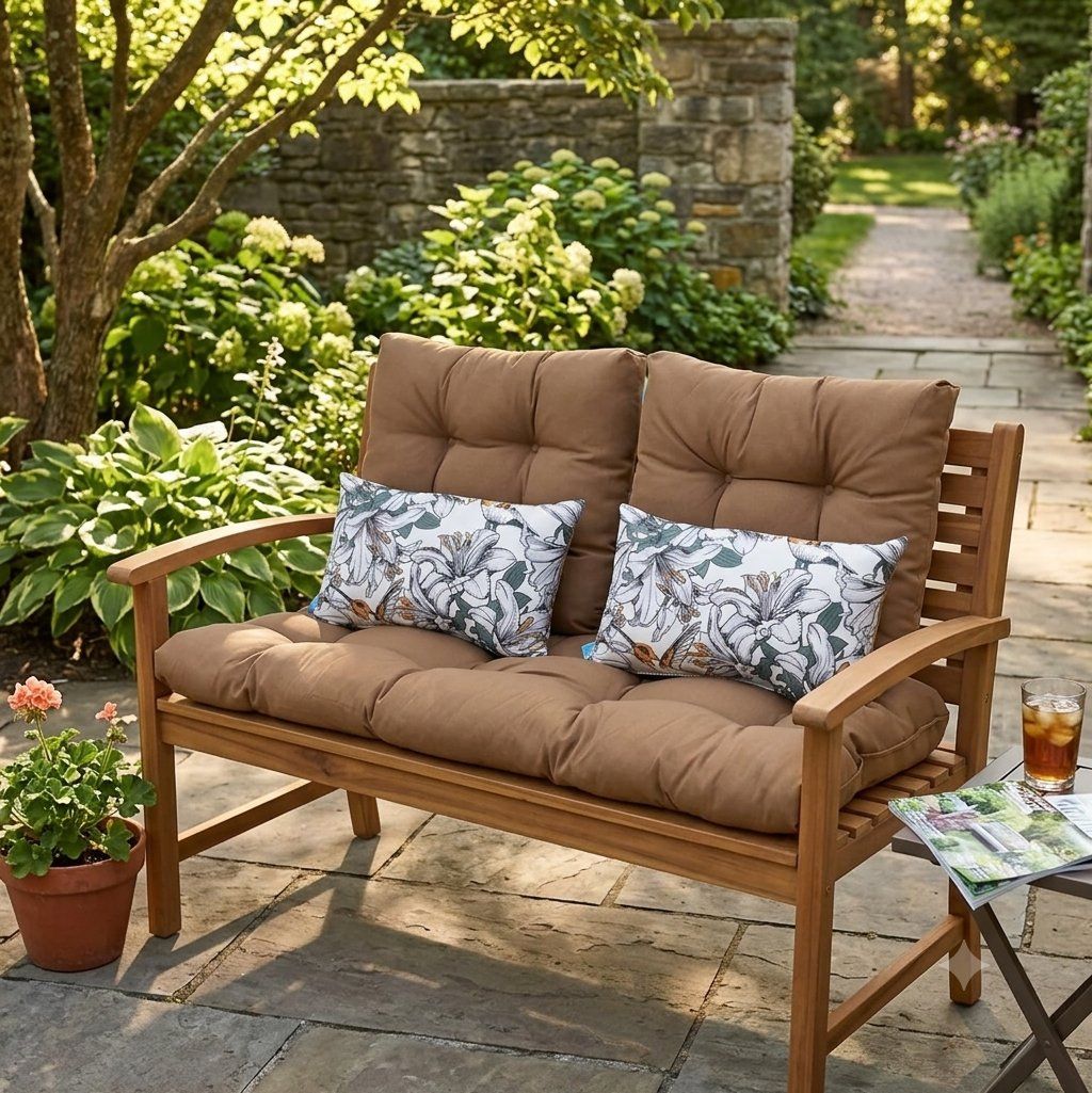 ARTPLAN 44" x 38" x 5" Outdoor Bench Cushion & Pillows Brown Floral Pattern