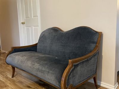 Vintage French Provincial Style Carved Wood Settee – Blue Velvet- Loveseat