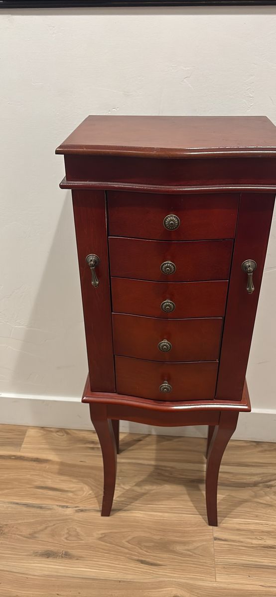 Classic Cherry Wood Jewelry Armoire Chest - Mirrored Top, 5 Drawers & Side Storage