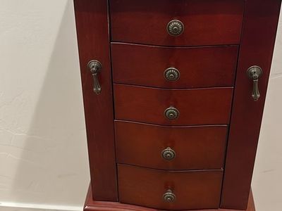 Classic Cherry Wood Jewelry Armoire Chest - Mirrored Top, 5 Drawers & Side Storage