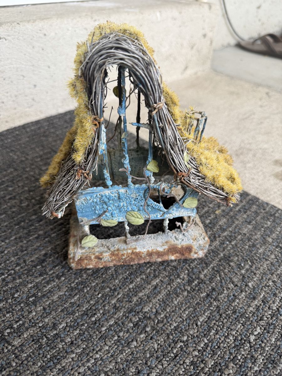 Decorative Rustic Metal Birdhouse Fairy Cottage with Moss Roof 8.5"