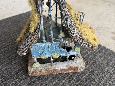 Decorative Rustic Metal Birdhouse Fairy Cottage with Moss Roof 8.5"