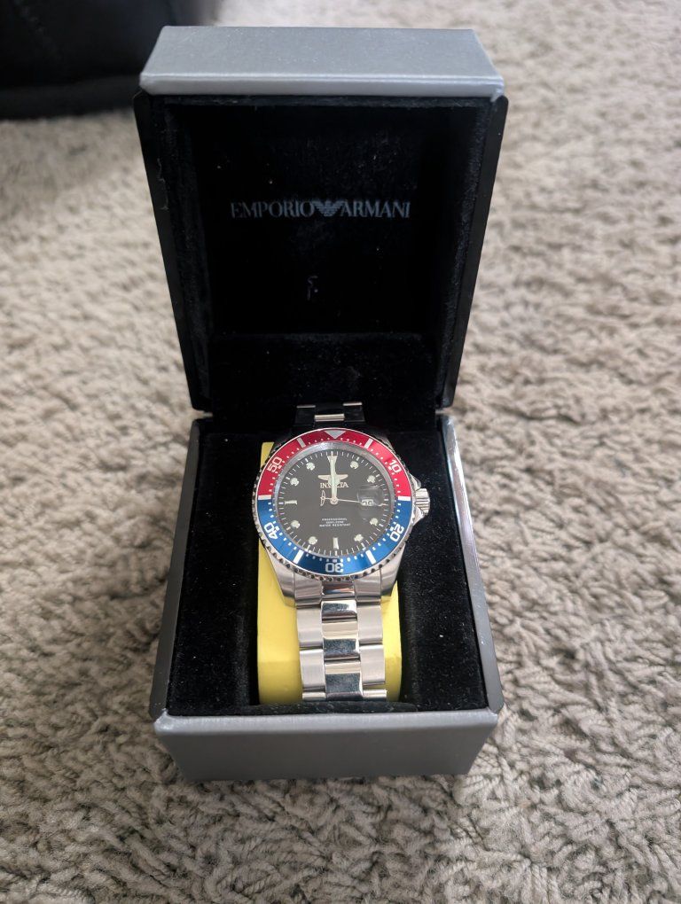 Invicta Pro Diver Men's Automatic Watch - Stainless Steel, Black Dial, Red/Blue Bezel