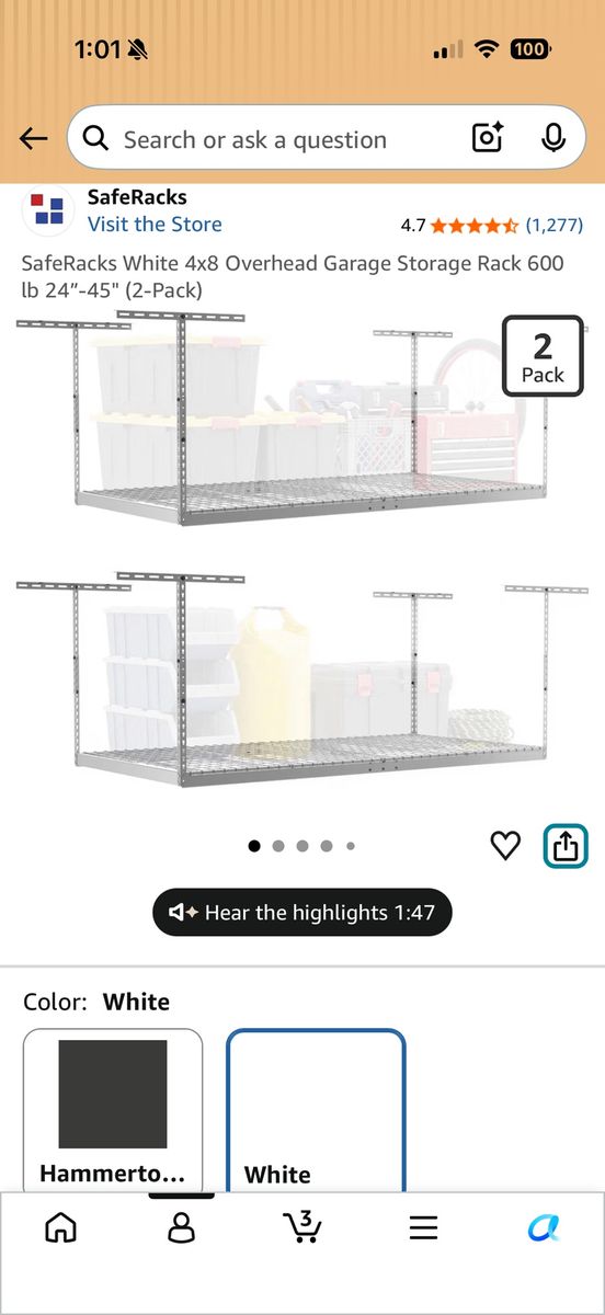 SafeRacks 4 ft x 8 ft Overhead Garage Storage Rack Set of 2 White