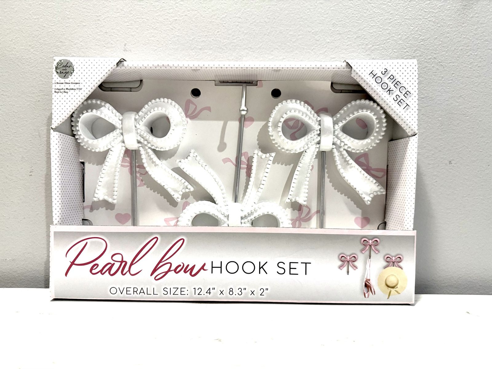 Cedar & Sage Pearl Bow 3-Piece Decorative Wall Hook Set - White & Silver, 12.4" x 8.3" x 2"