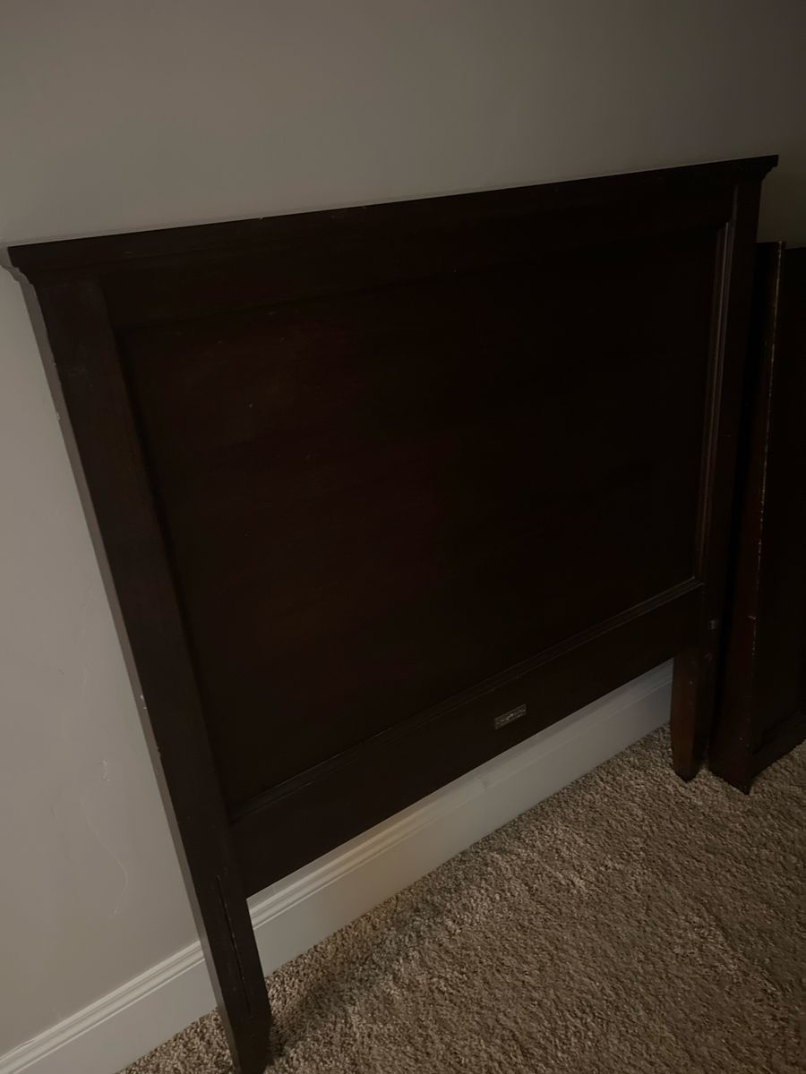 Dark Wood Bed Frame - 2 Twin Size beds with 1 side table and 1 drawer