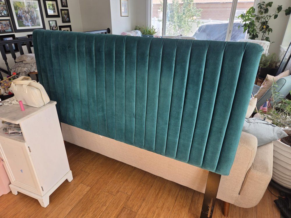 Queen size Teal Green Upholstered Velvet Channel Tufted Headboard & Bed Rails
