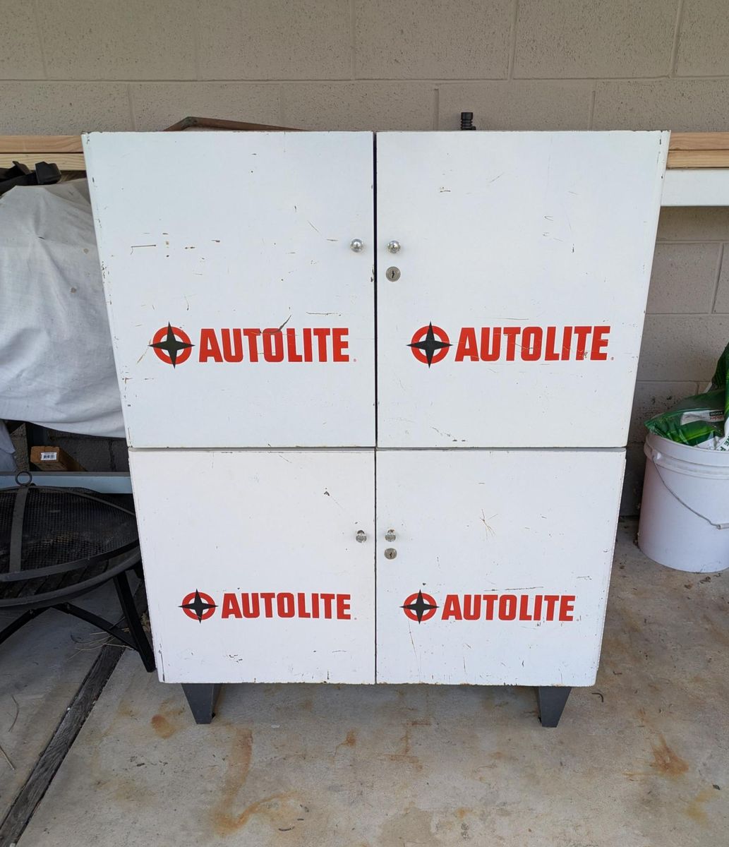 Old Autolite Automotive Storage Cabinet. Tool Storage