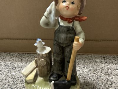 Vintage NAPCOWARE 8749 Japan Ceramic Figurine Boy w/ Axe & Bluebird Farm Collectible